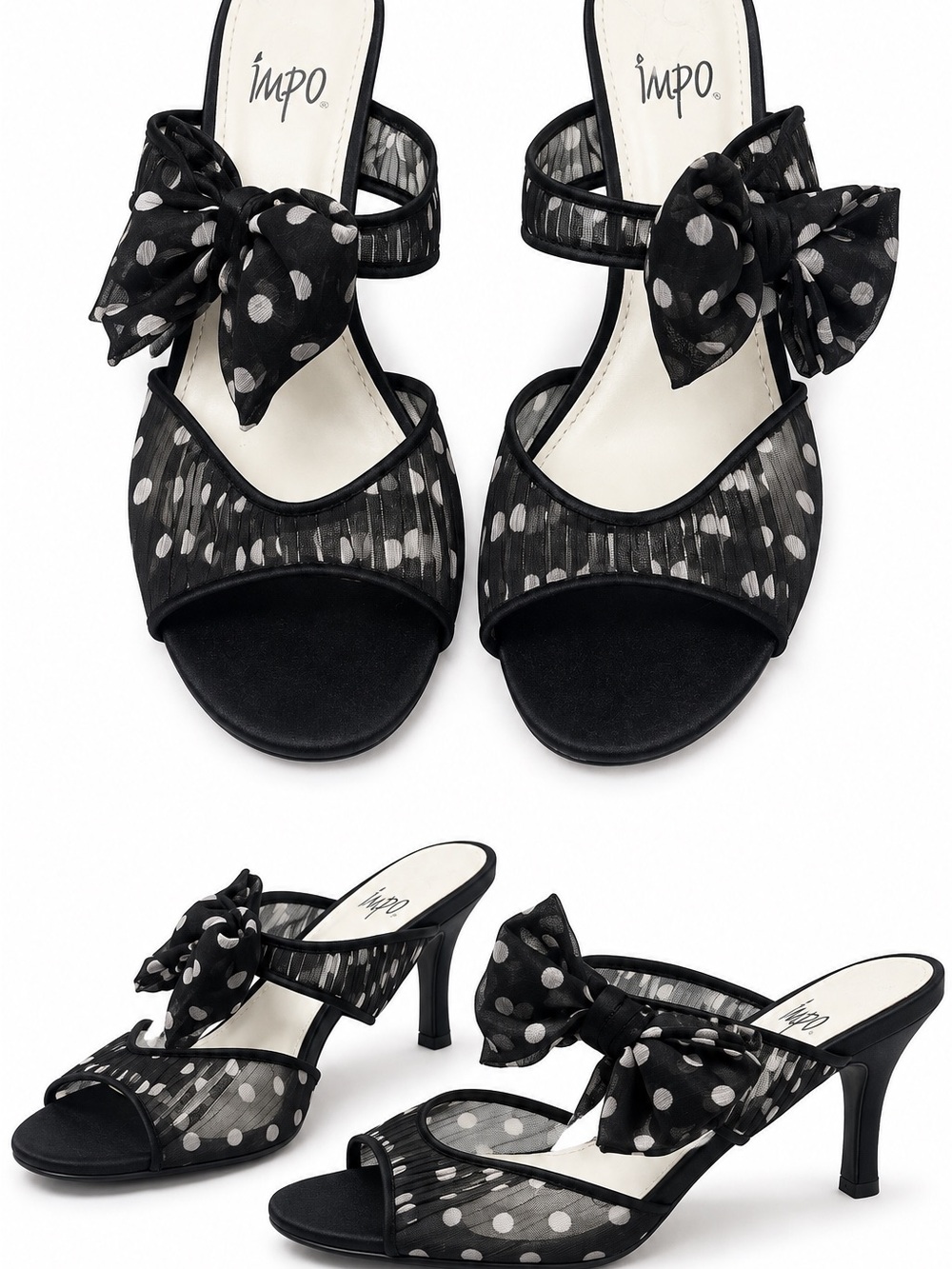 Impo Black and White Polka Dot Mesh Bow Heeled Sandals